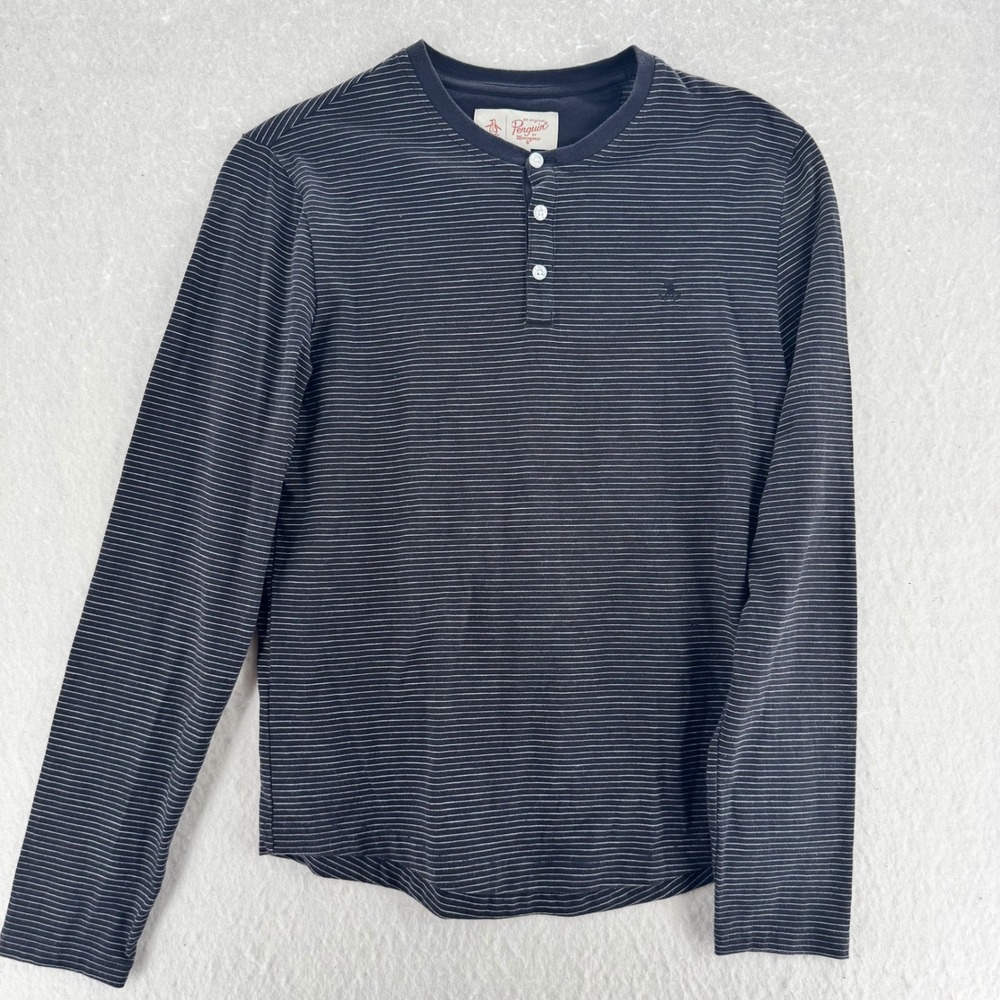 Original Penguin - Henley Micro Stripe Long Sleeve - Navy - S - Mens
